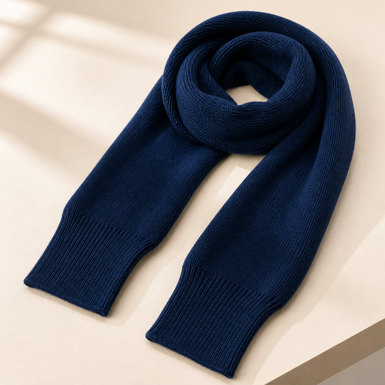 Écharpe-châle tricotée bleu marine à extrémités façon manches — Navy knitted wrap scarf with sleeve-style ends