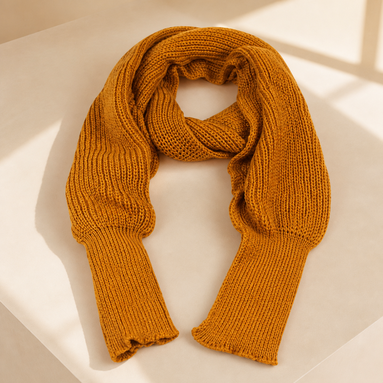 Écharpe-châle tricotée orange à extrémités façon manches — Orange knitted wrap scarf with sleeve-style ends