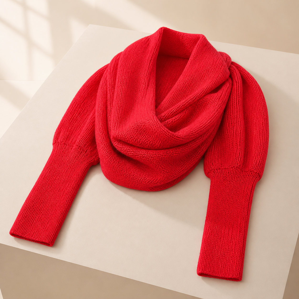 Écharpe-châle tricotée rouge à extrémités façon manches — Red knitted wrap scarf with sleeve-style ends
