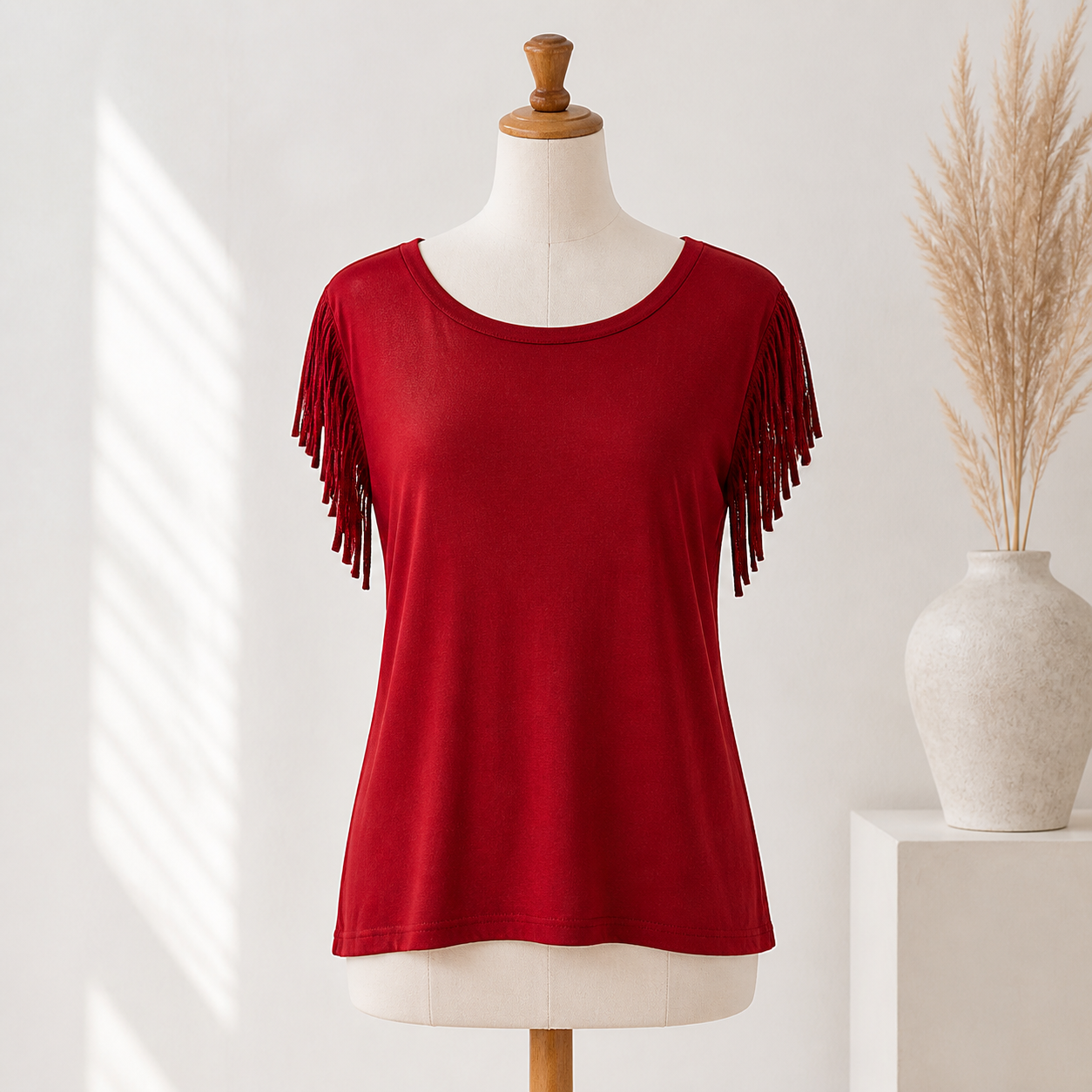 T-shirt à manches frangées — Rouge — vue 1