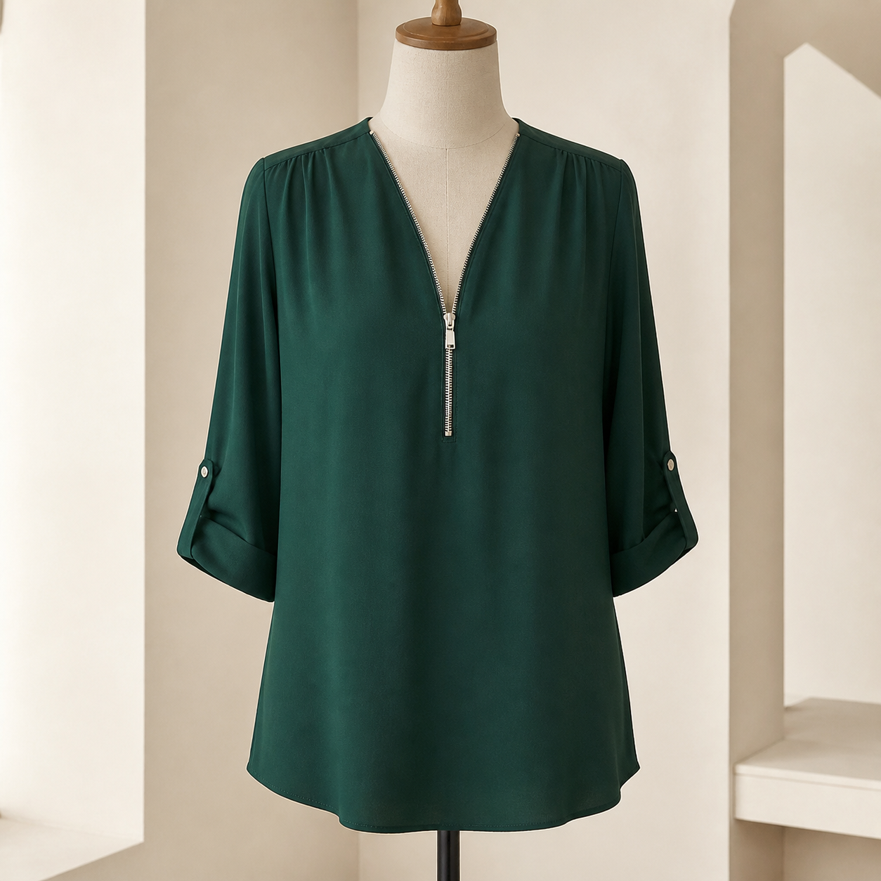 Blouse ample zippée à col V — Vert sombre — vue 4