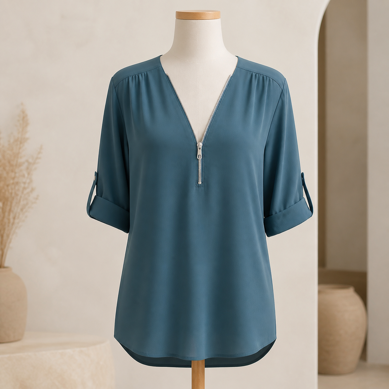Blouse ample zippée à col V — Bleu profond — vue 5