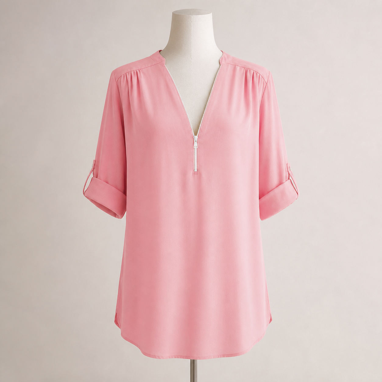 Blouse ample zippée à col V — Rose — vue 6