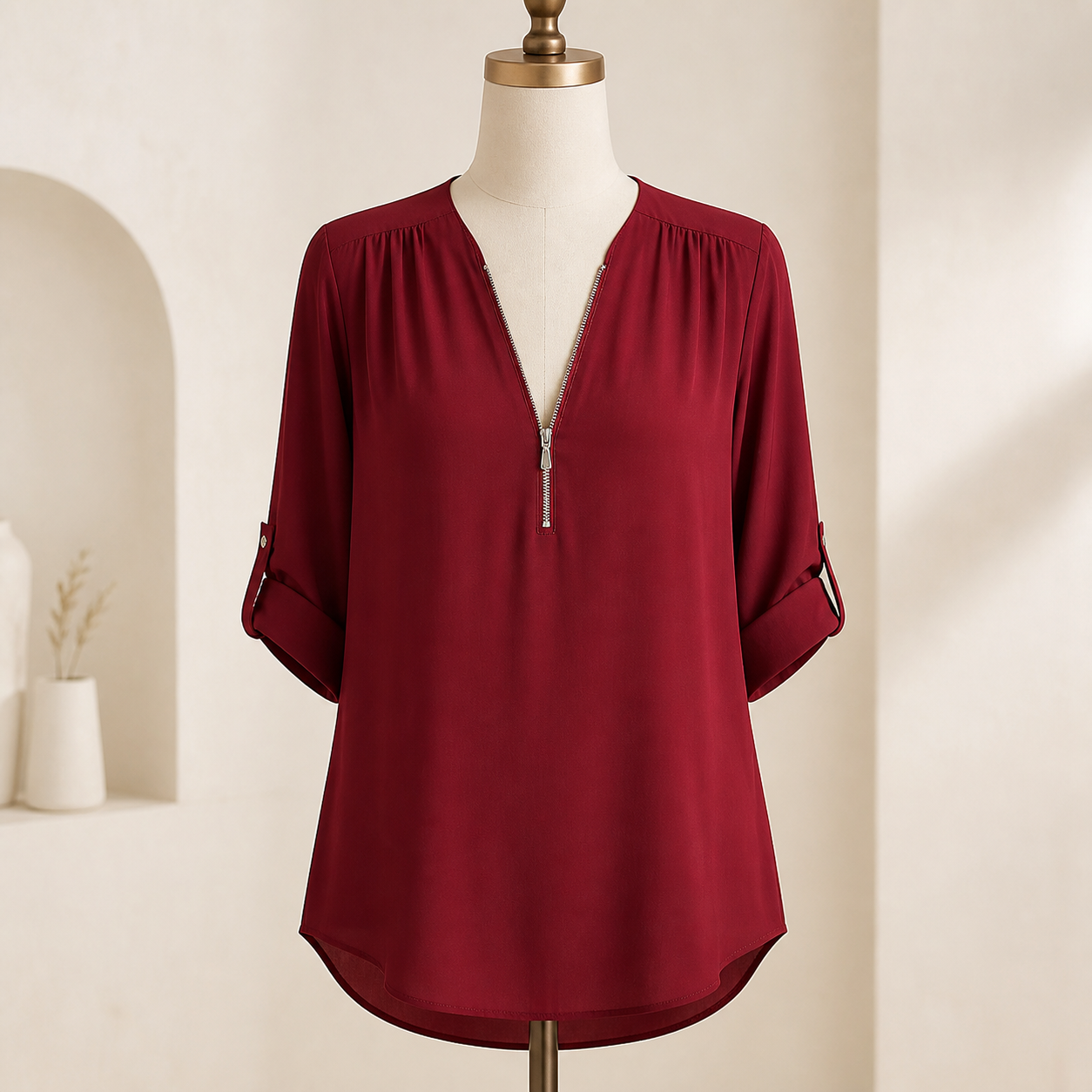 Blouse ample zippée à col V — Bordeaux — vue 8