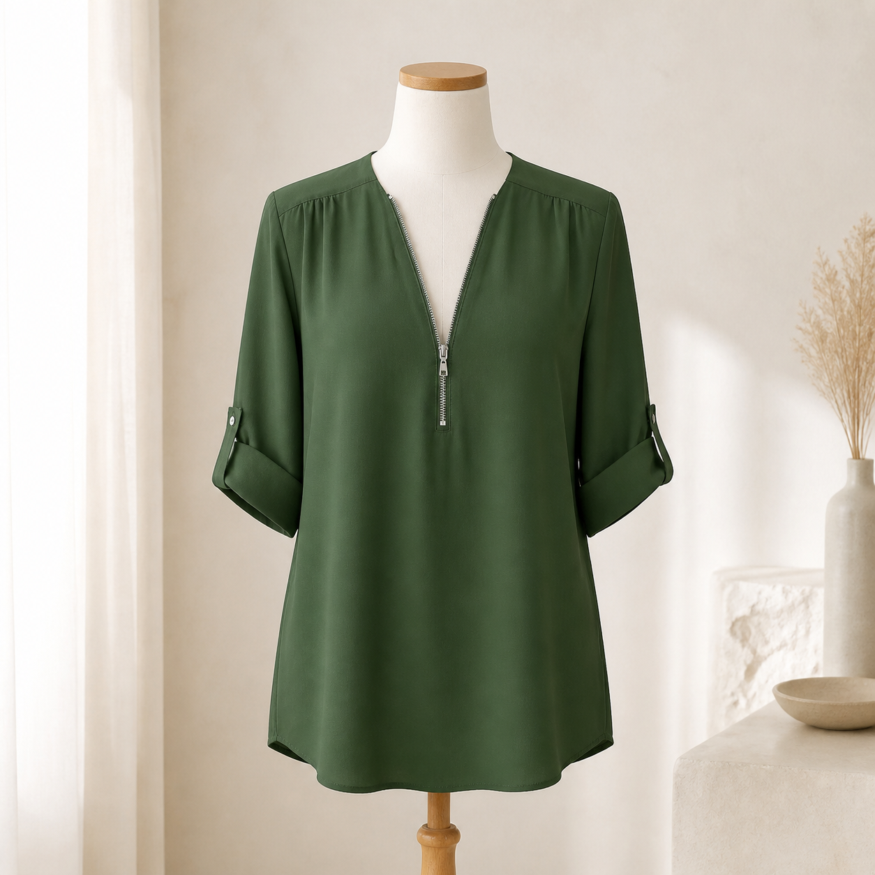 Blouse ample zippée à col V — Vert militaire — vue 9