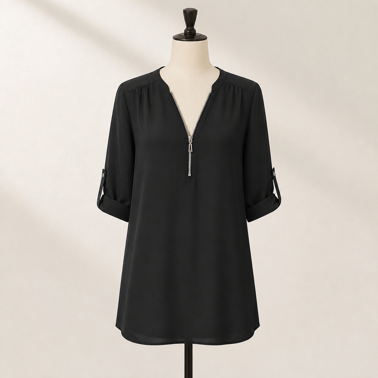 Blouse ample zippée à col V — Noir — vue 10