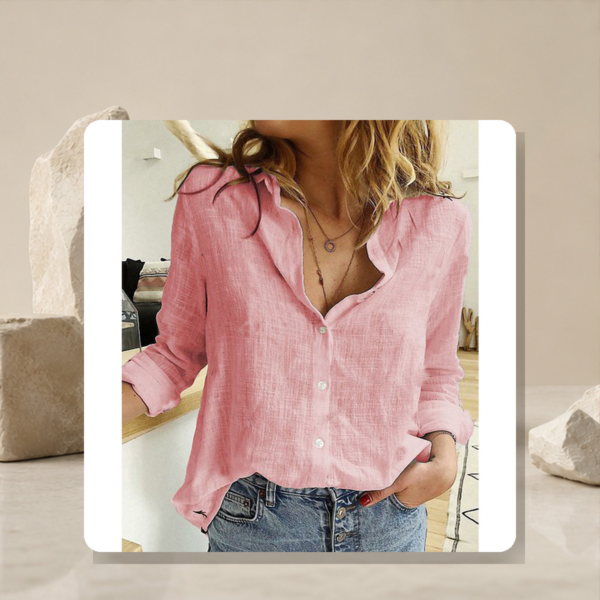 Chemise unie à col revers — Rose — vue 2