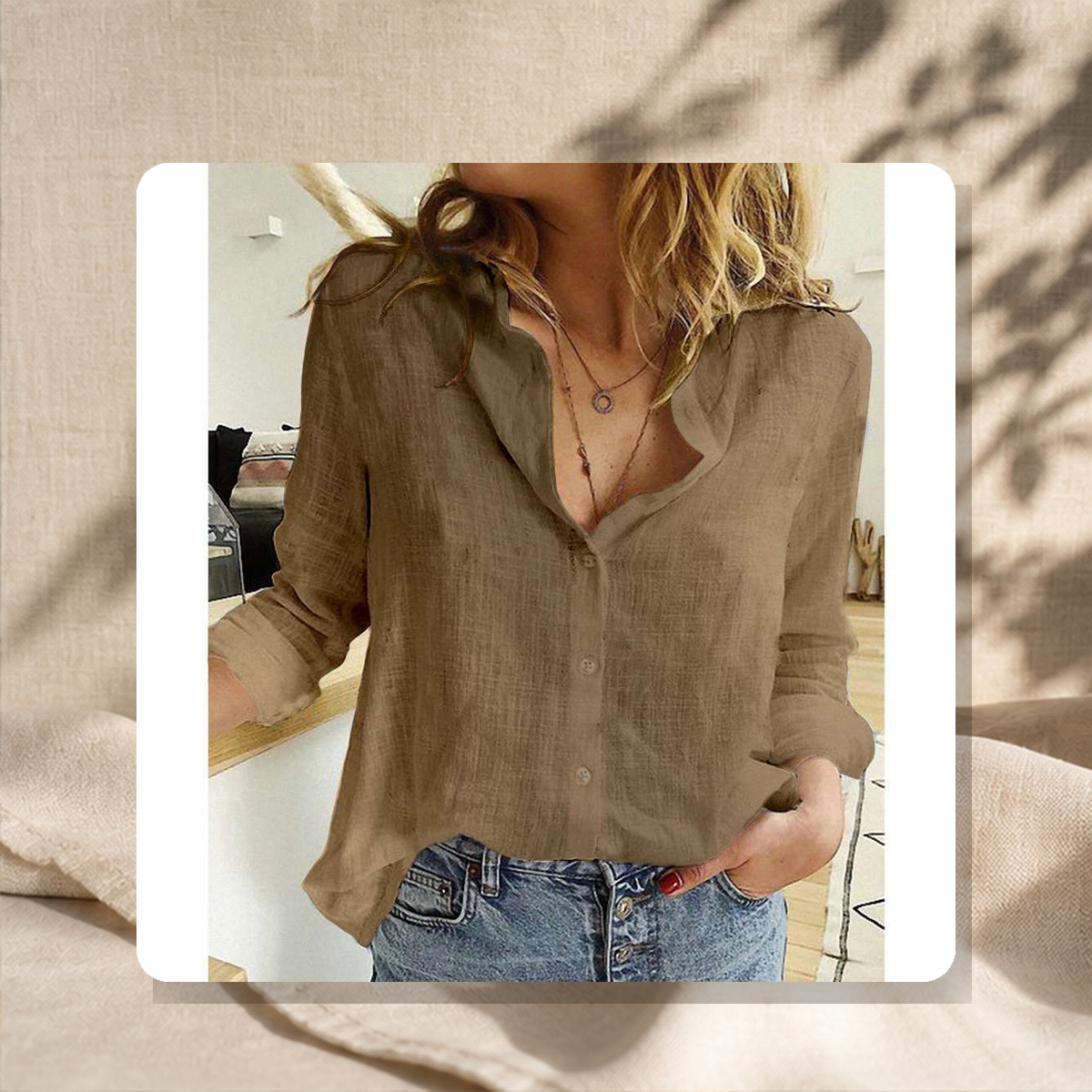 Chemise unie à col revers — Kaki — vue 5