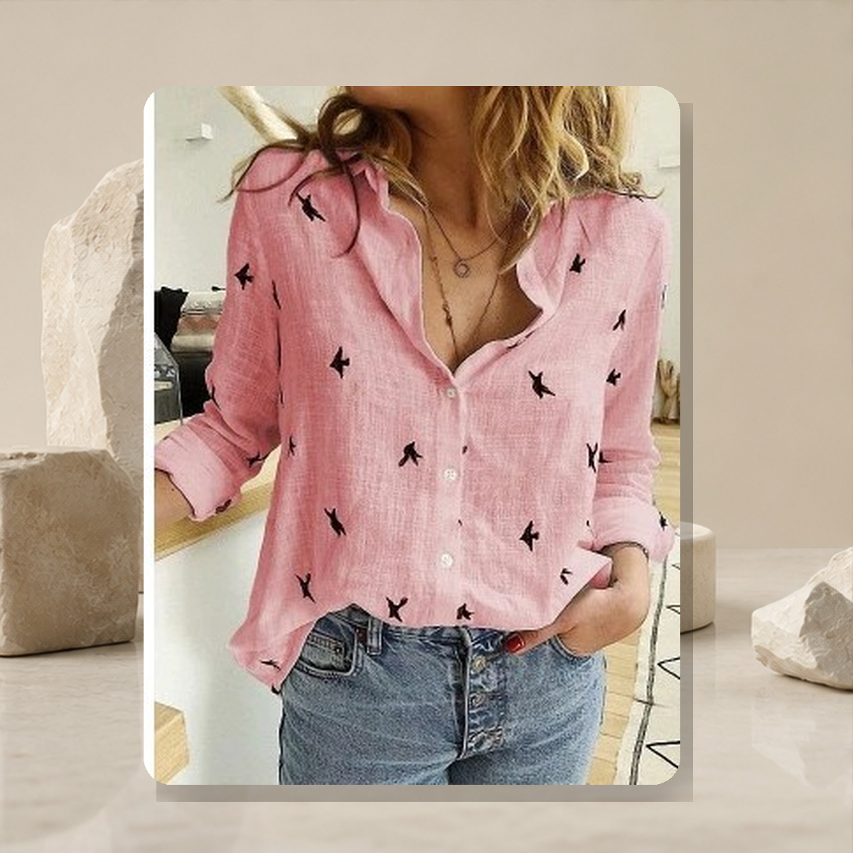 Chemise unie à col revers — Rose A — vue 10