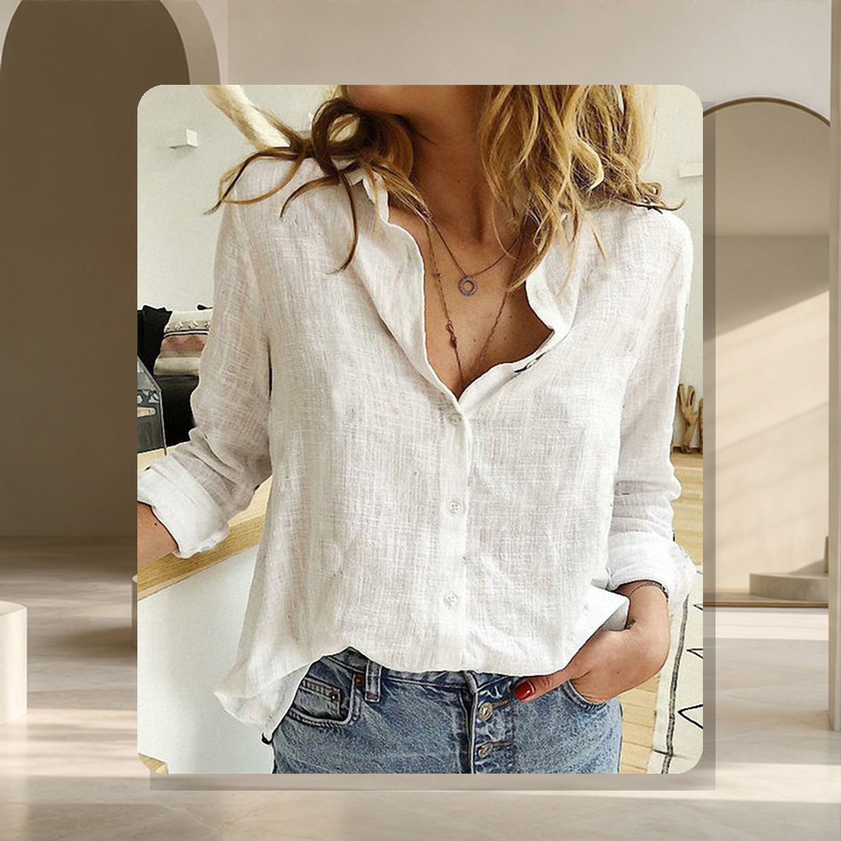 Chemise unie à col revers — Blanc — vue 14