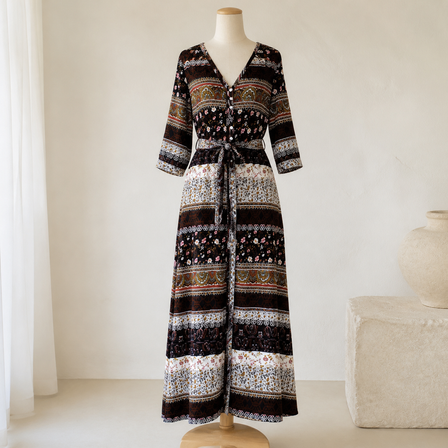 Robe longue bohème imprimée — Marron — vue 1
