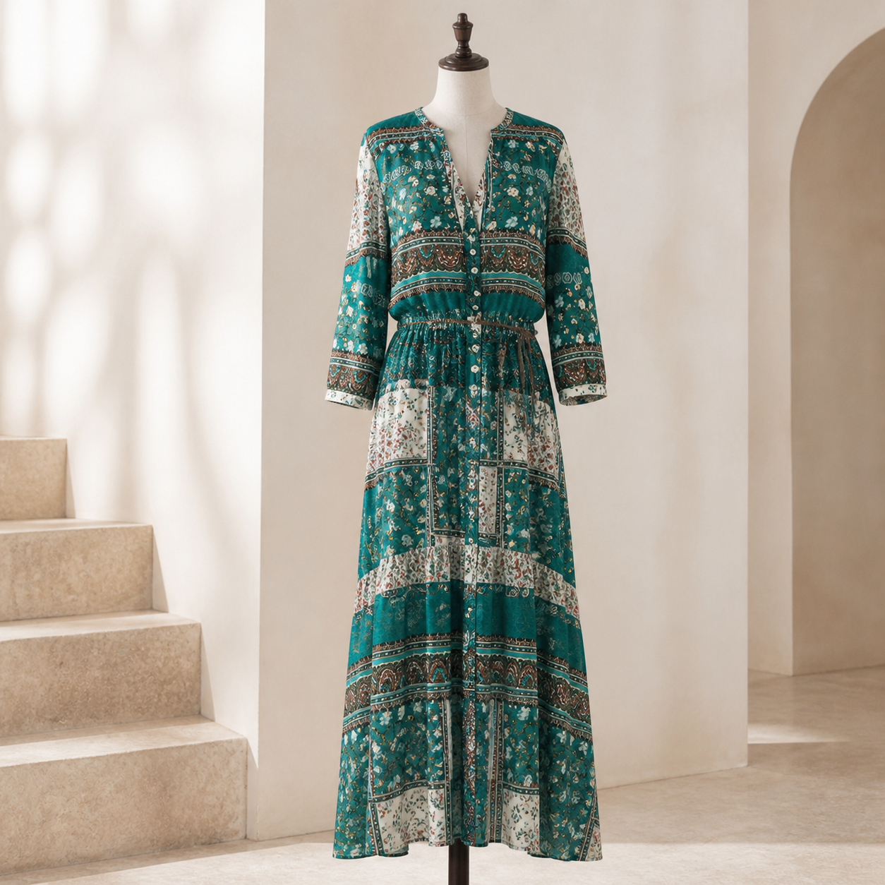 Robe longue bohème imprimée — Vert — vue 4