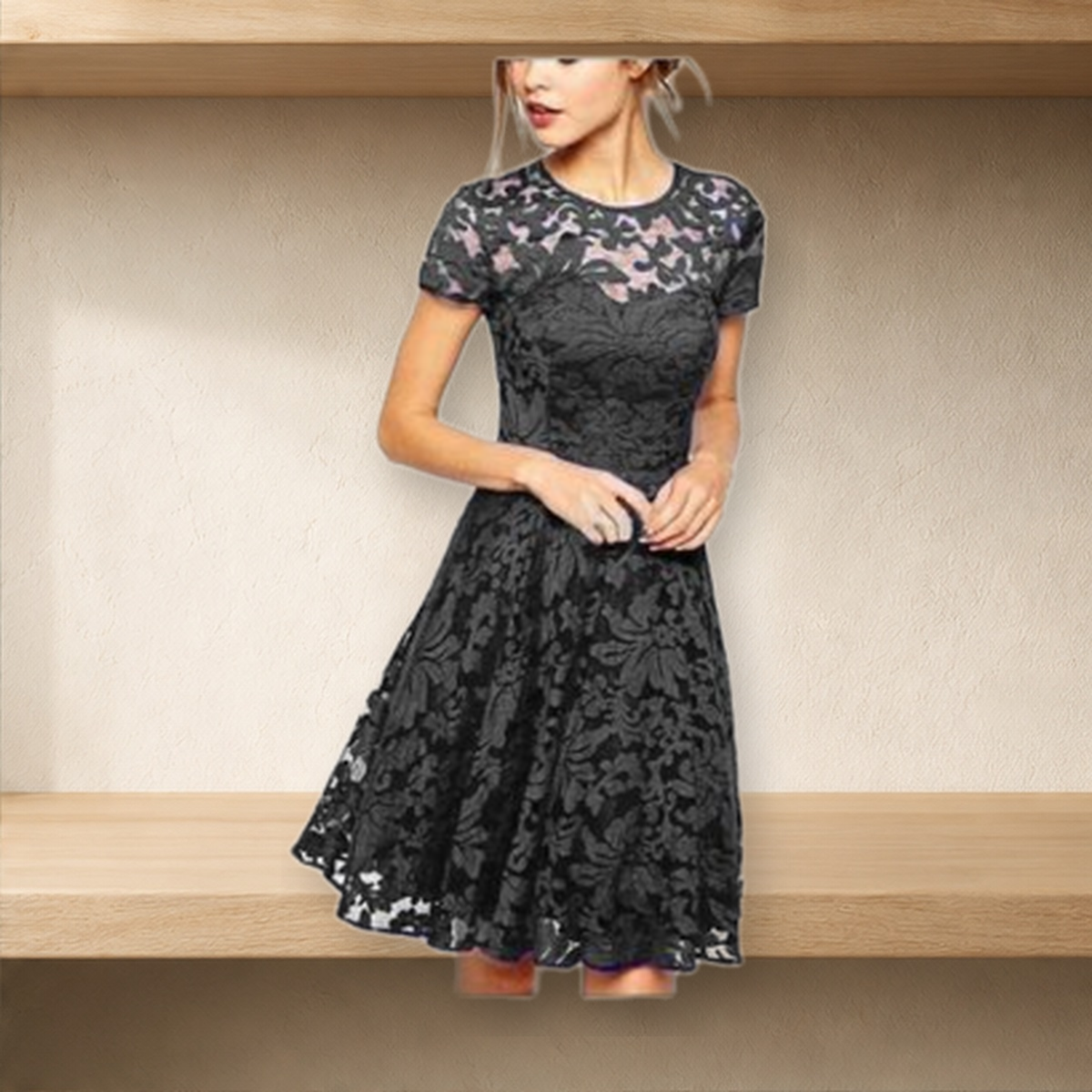 Robe ajustée en dentelle — Noir — vue 4