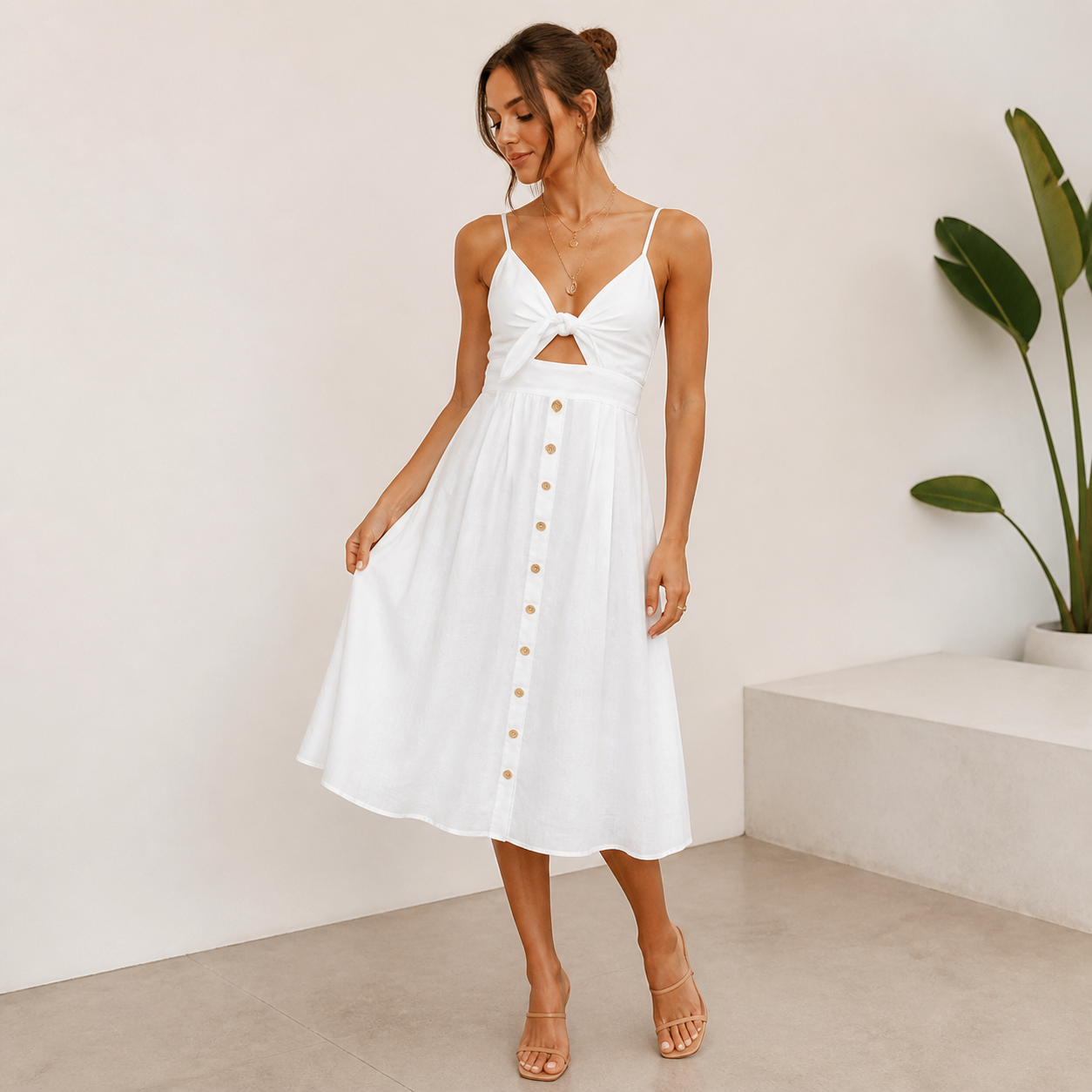 Robe midi à nœud devant et fines bretelles — Blanc — vue 1