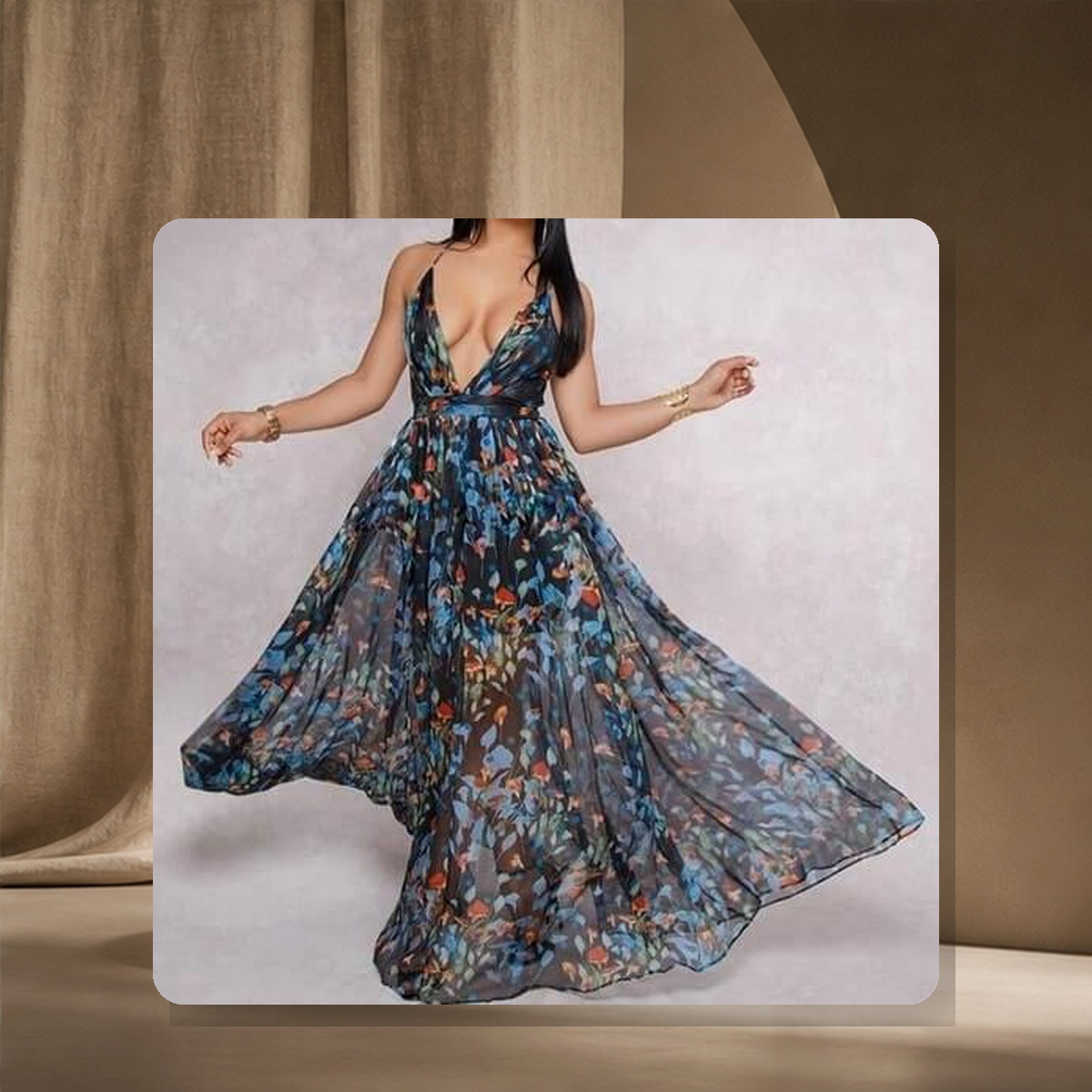 Robe longue en mousseline à dos ouvert — Flower Bleu — vue 2