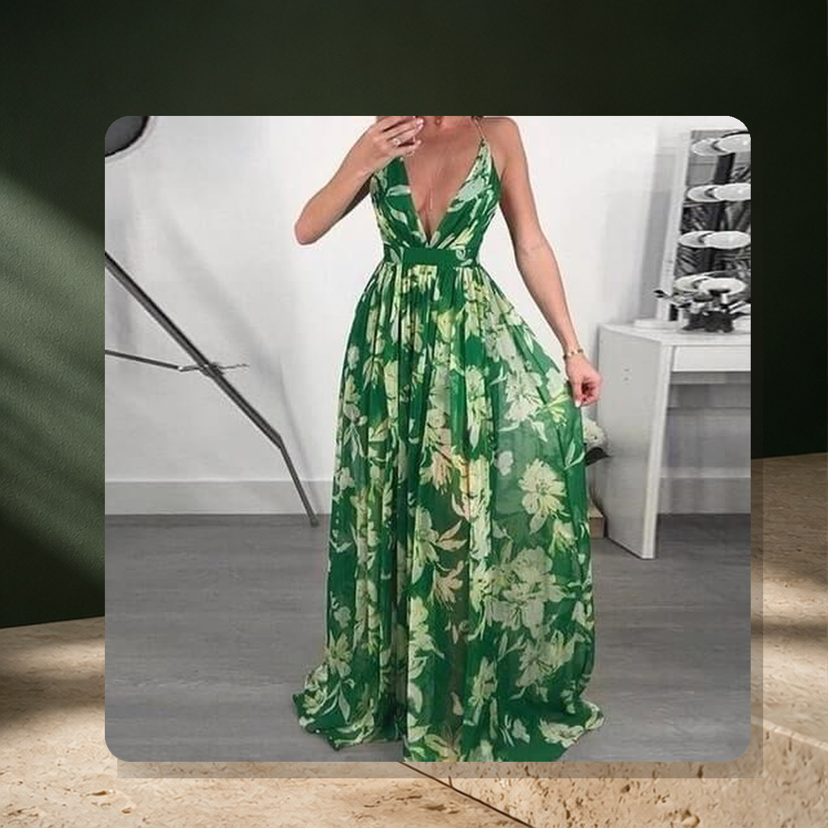 Robe longue en mousseline à dos ouvert — Vert — vue 3