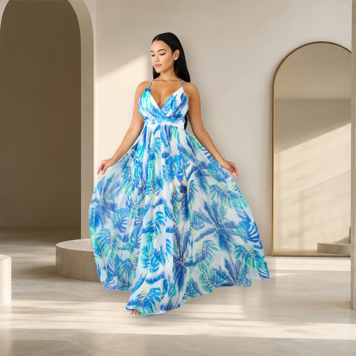 Robe longue en mousseline à dos ouvert — Bleu — vue 5