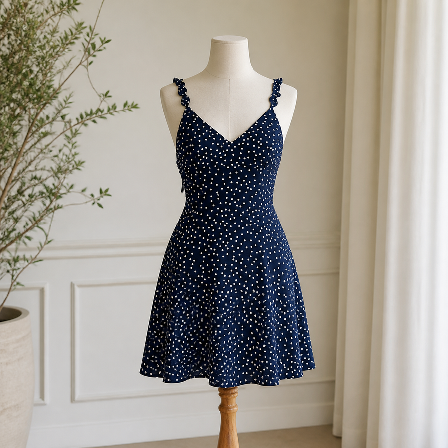 Robe d’été à pois et fines bretelles — Bleu foncé — vue 1