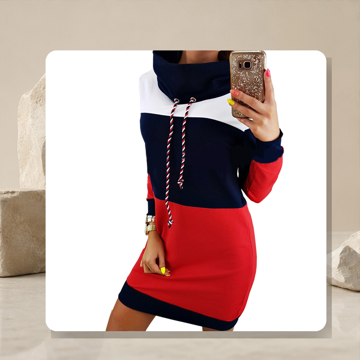 Robe sweat à capuche et col montant — Bleu — vue 3