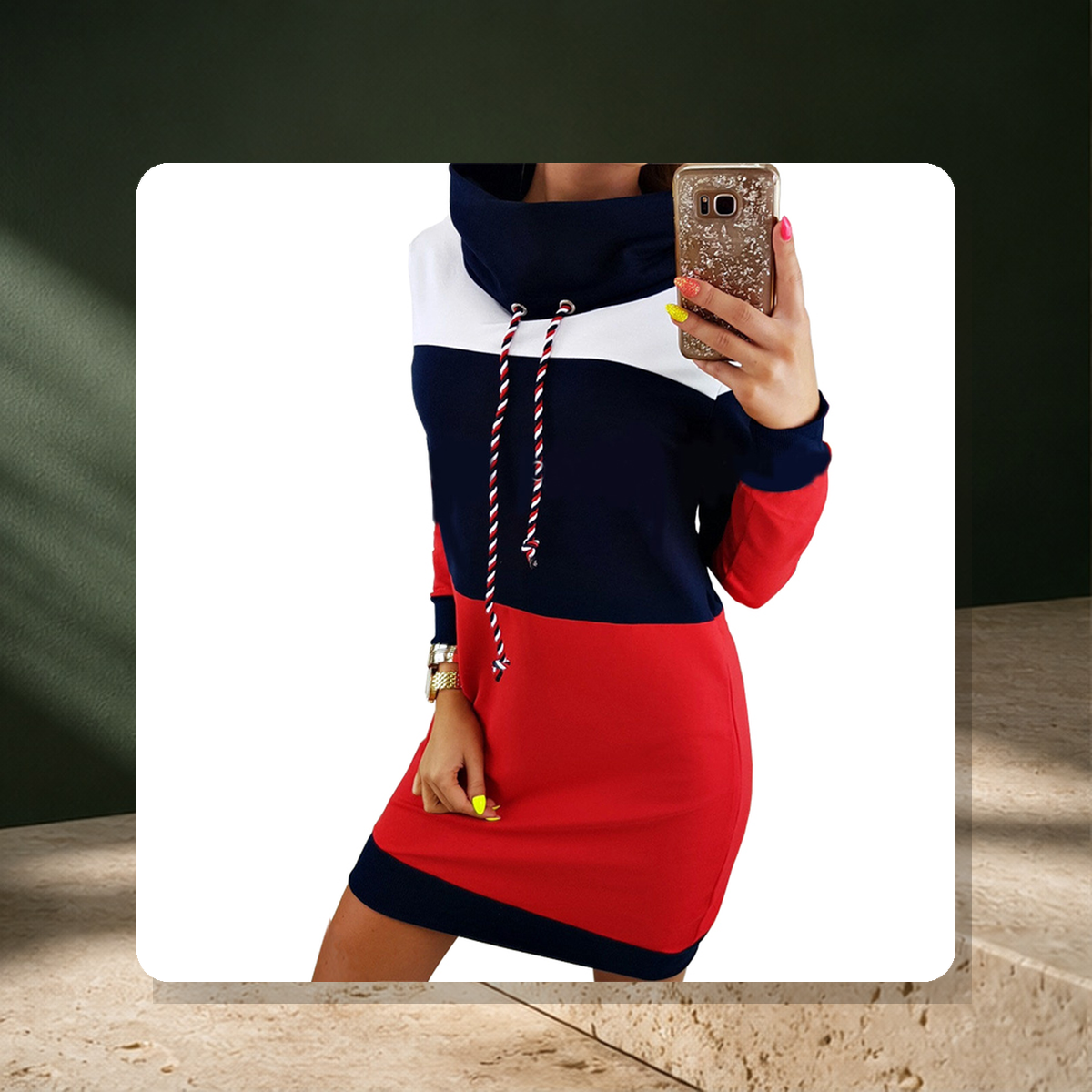 Robe sweat à capuche et col montant — Bleu — vue 5