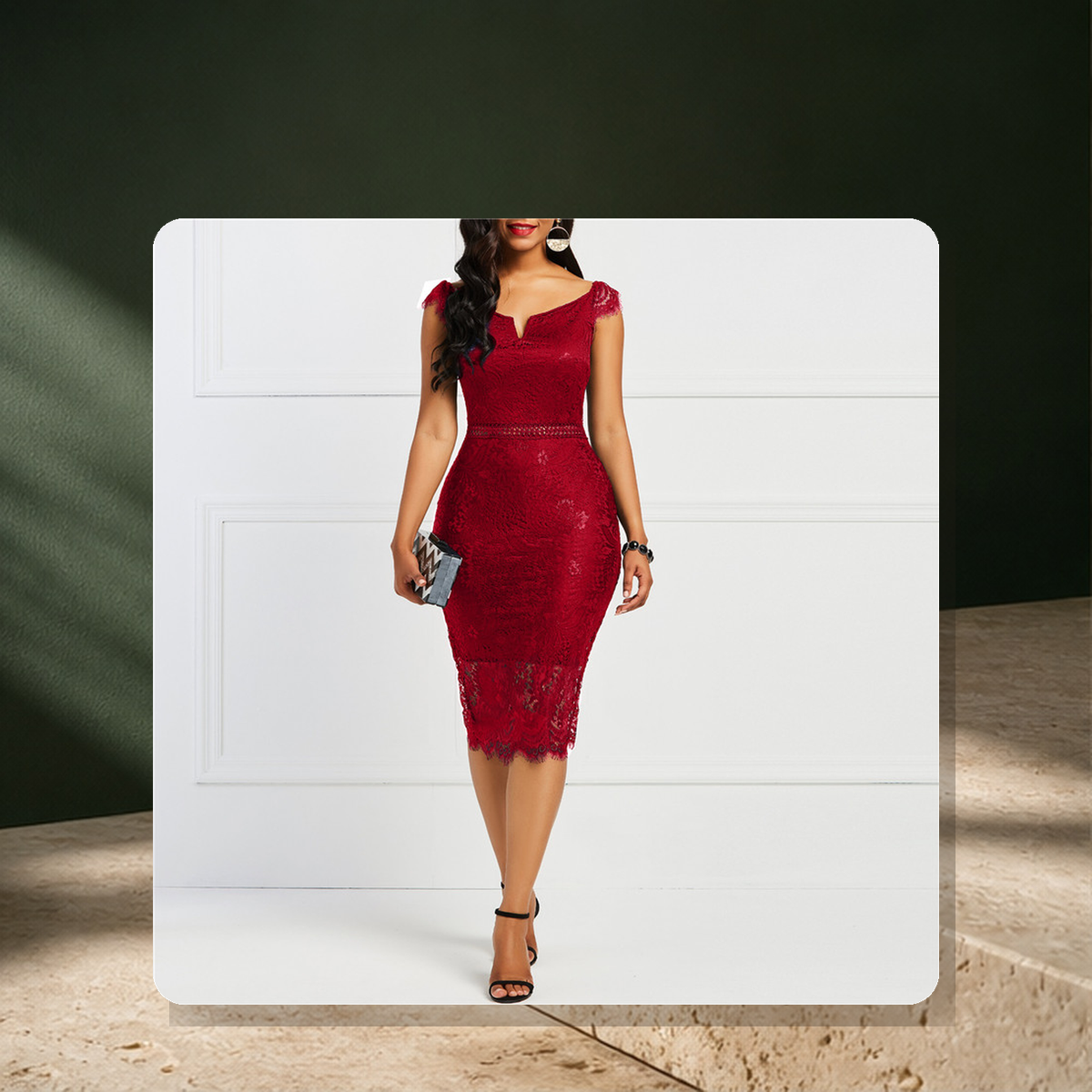 Robe en dentelle épaules dénudées — Rouge — vue 2