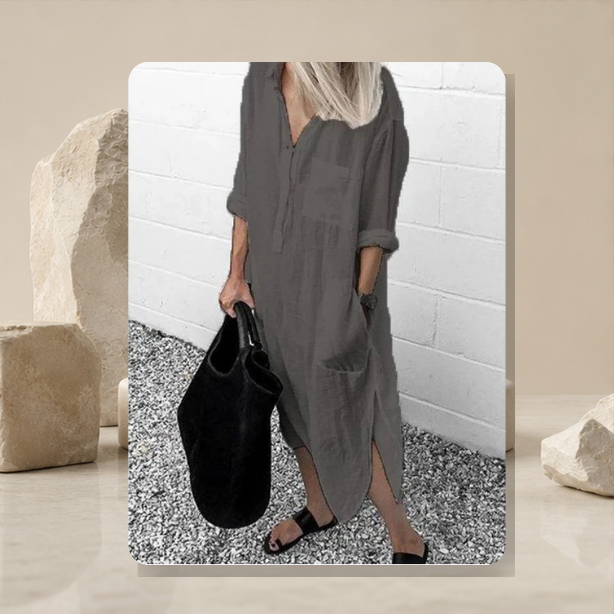 Robe chemise longue fendue — Gris — vue 3