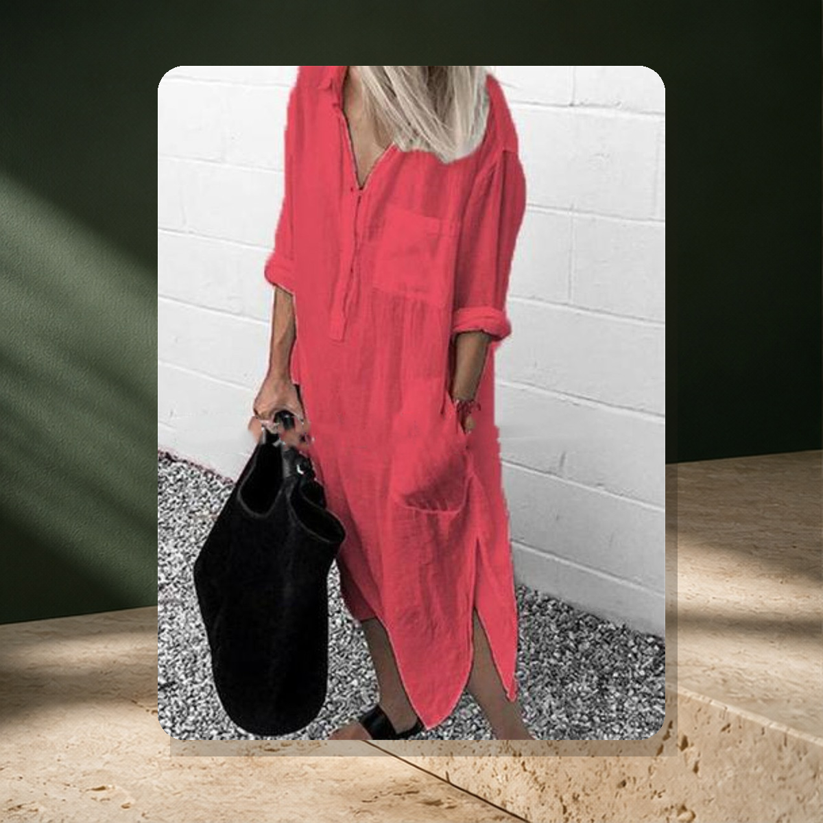 Robe chemise longue fendue — Rouge — vue 5