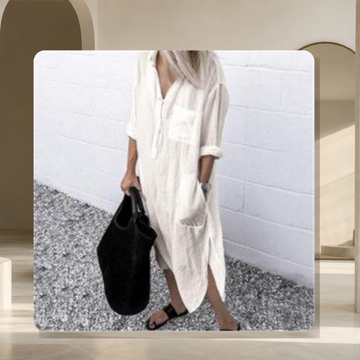 Robe chemise longue fendue — Beige — vue 7