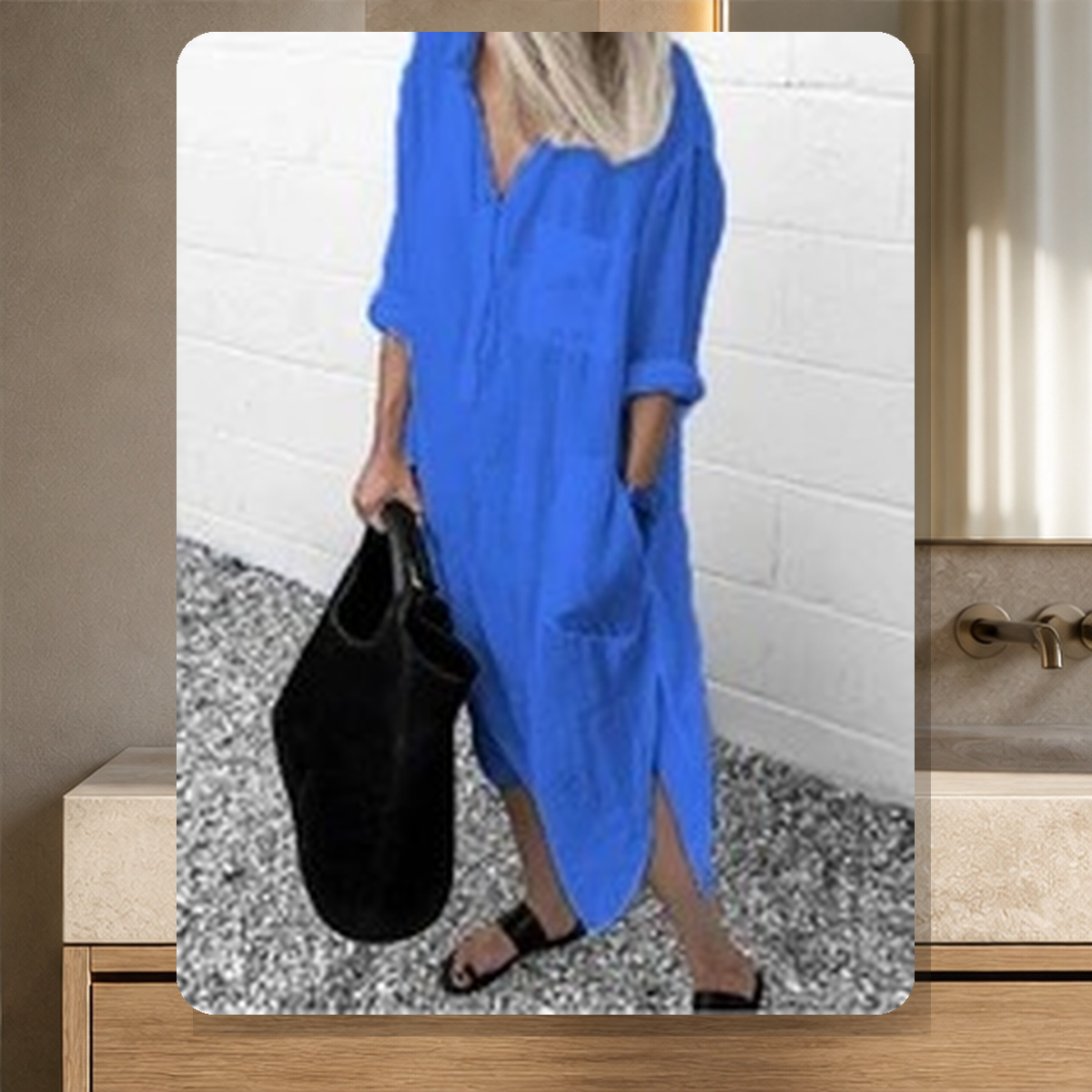 Robe chemise longue fendue — Bleu — vue 8