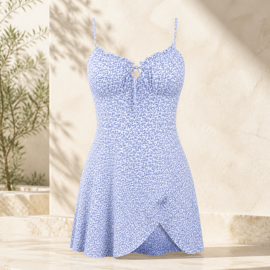 Robe courte fleurie à fines bretelles — Bleu — vue 1