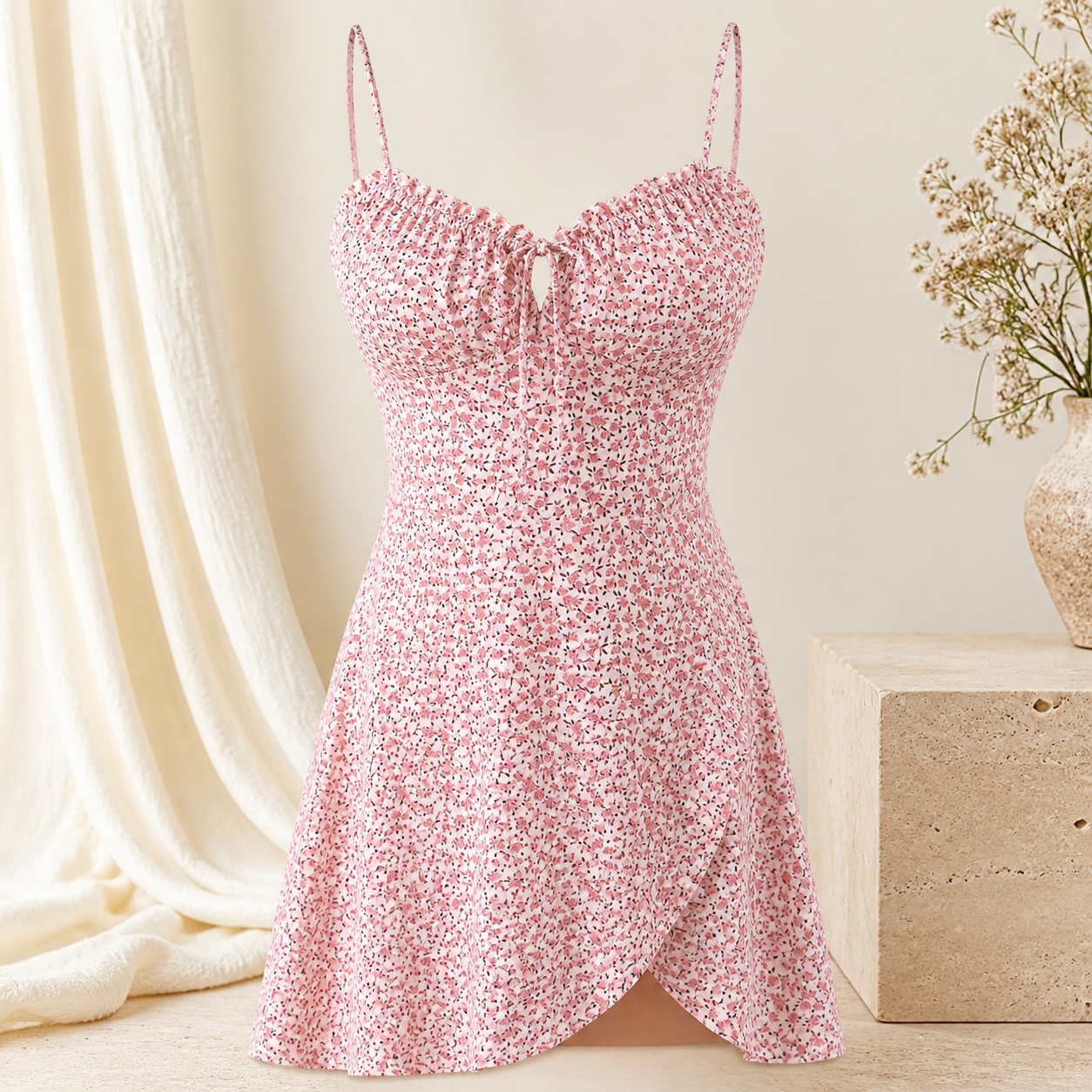 Robe courte fleurie à fines bretelles — Rose — vue 3
