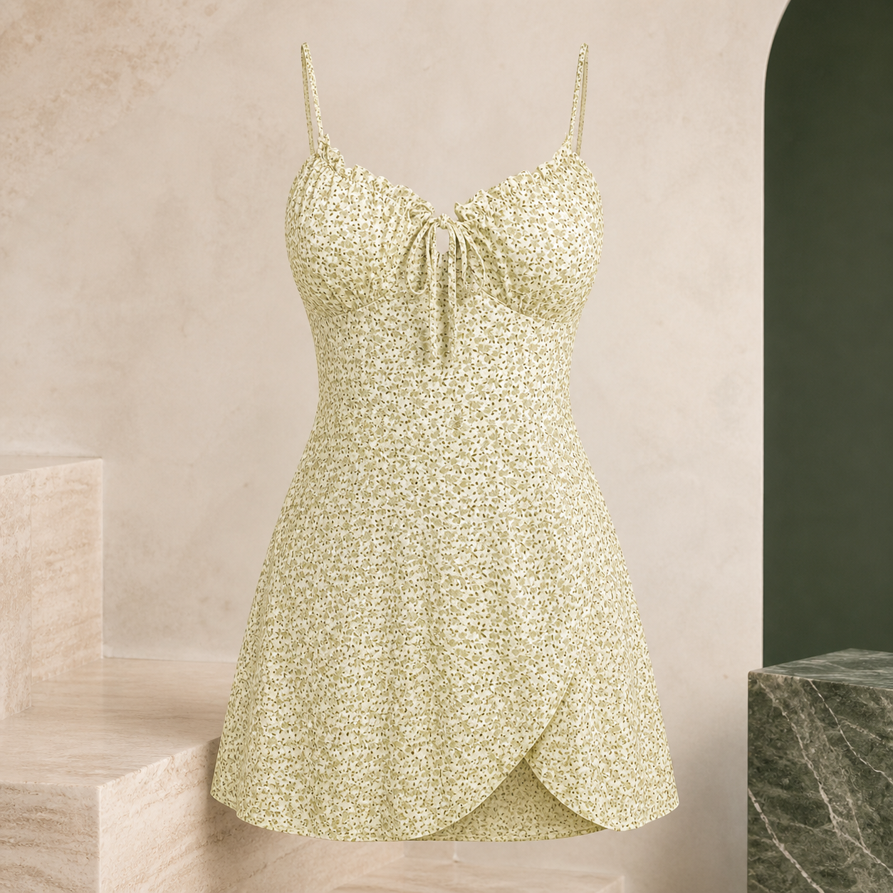 Robe courte fleurie à fines bretelles — Beige — vue 4