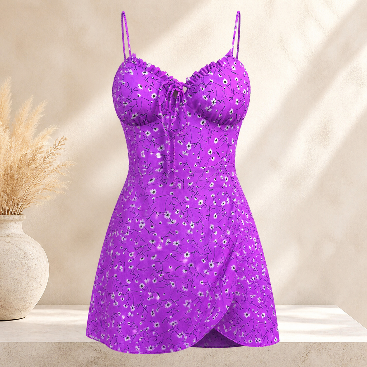 Robe courte fleurie à fines bretelles — Violet — vue 9
