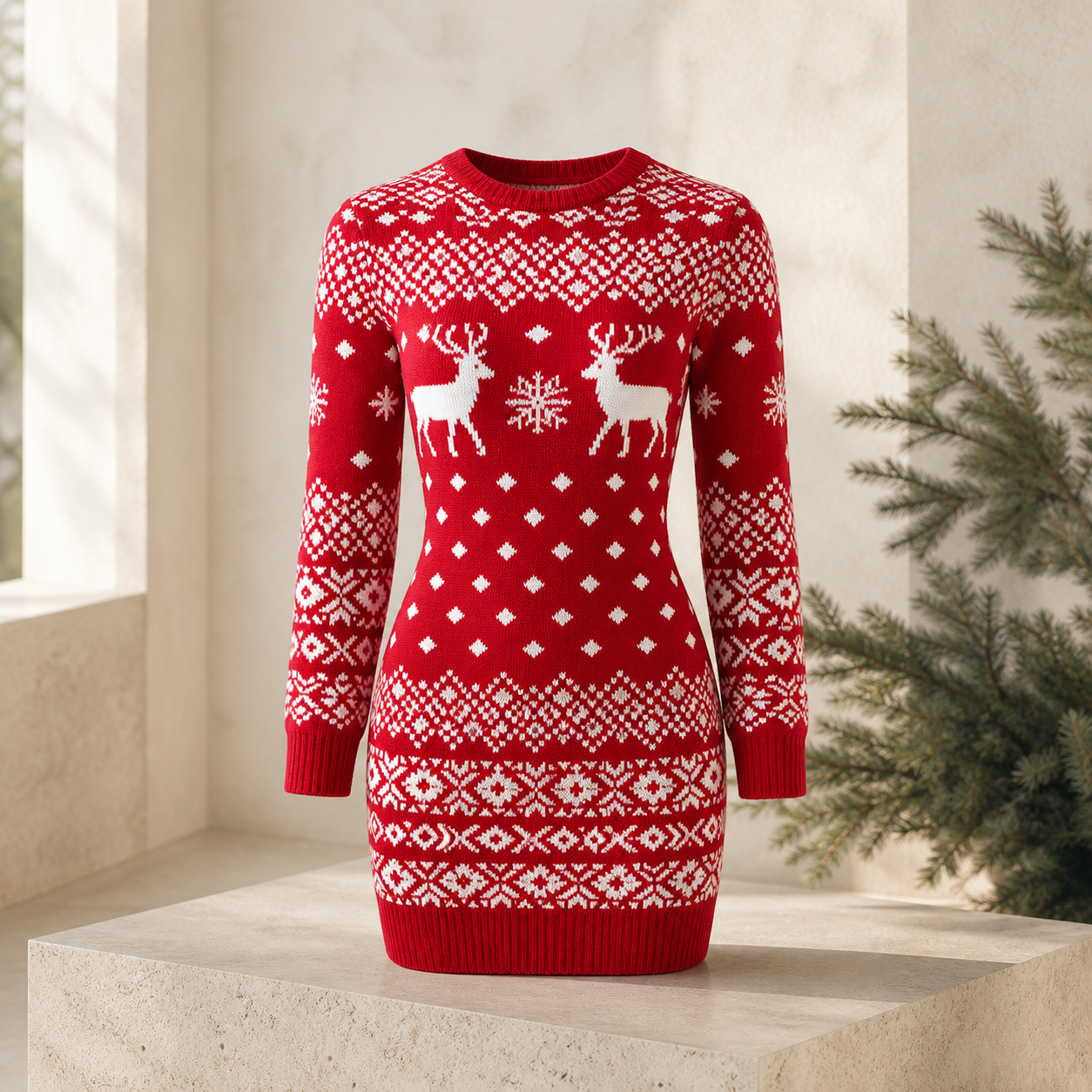 Robe pull en maille à manches longues — Rouge — vue 1