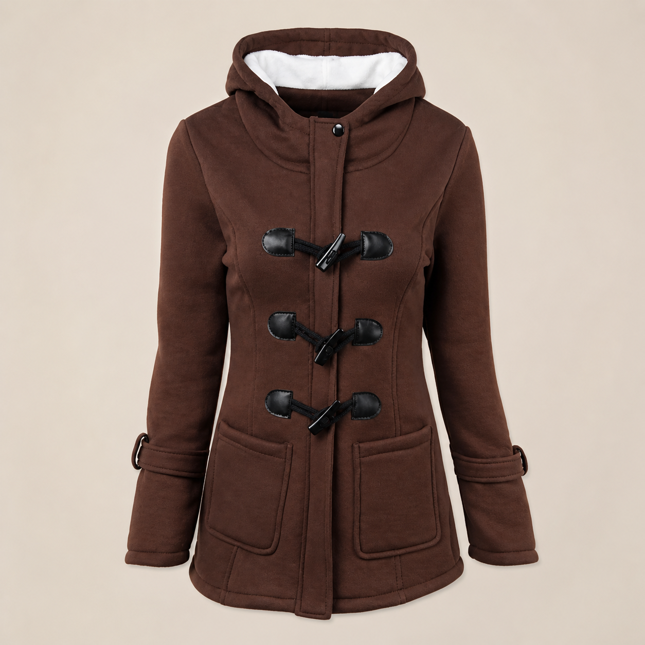 Manteau long à capuche et col duveteux — Marron — vue 2