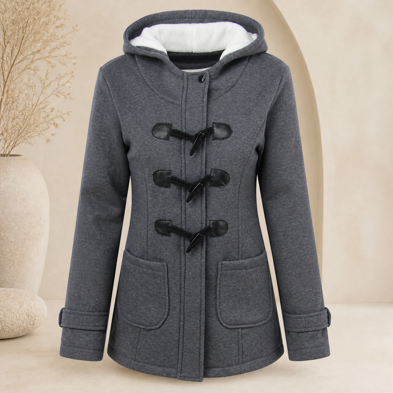 Manteau long à capuche et col duveteux — Gris foncé — vue 3