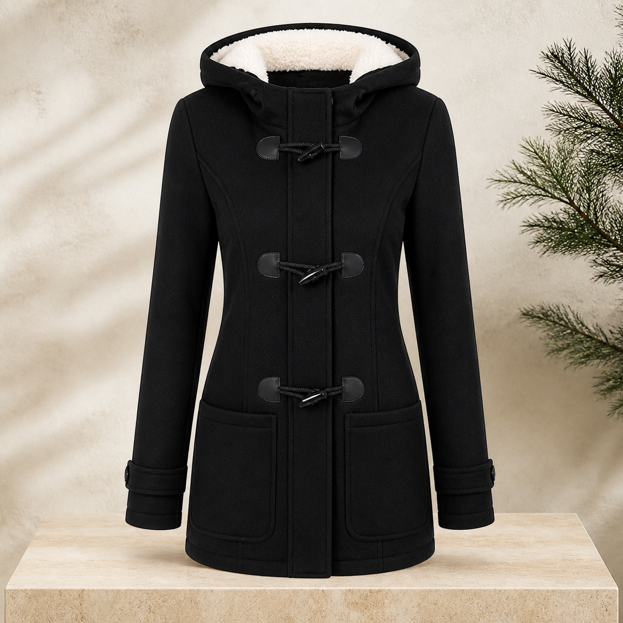 Manteau long à capuche et col duveteux — Noir — vue 4