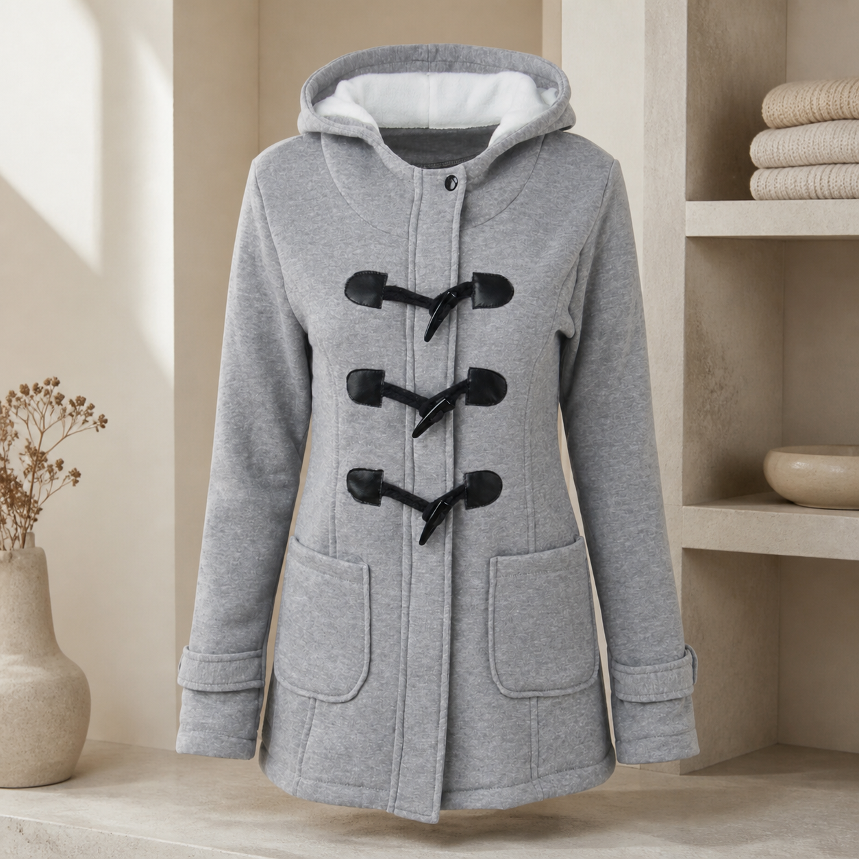Manteau long à capuche et col duveteux — Gris clair — vue 5