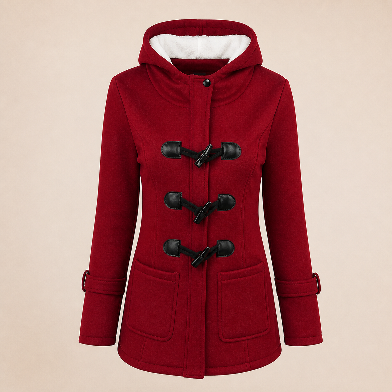 Manteau long à capuche et col duveteux — Rouge jujube — vue 6