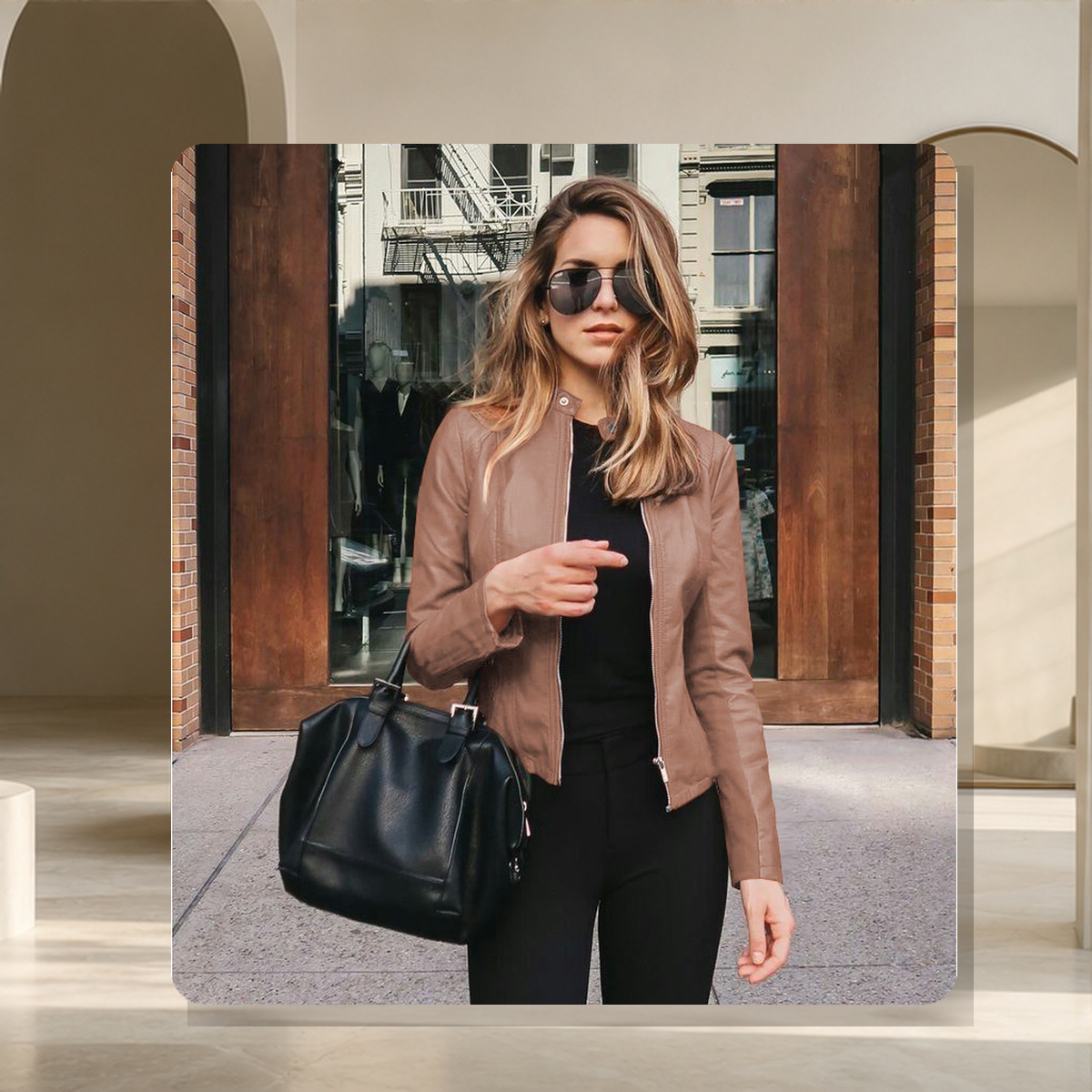 Blazer structuré effet cuir — Kaki — vue 6
