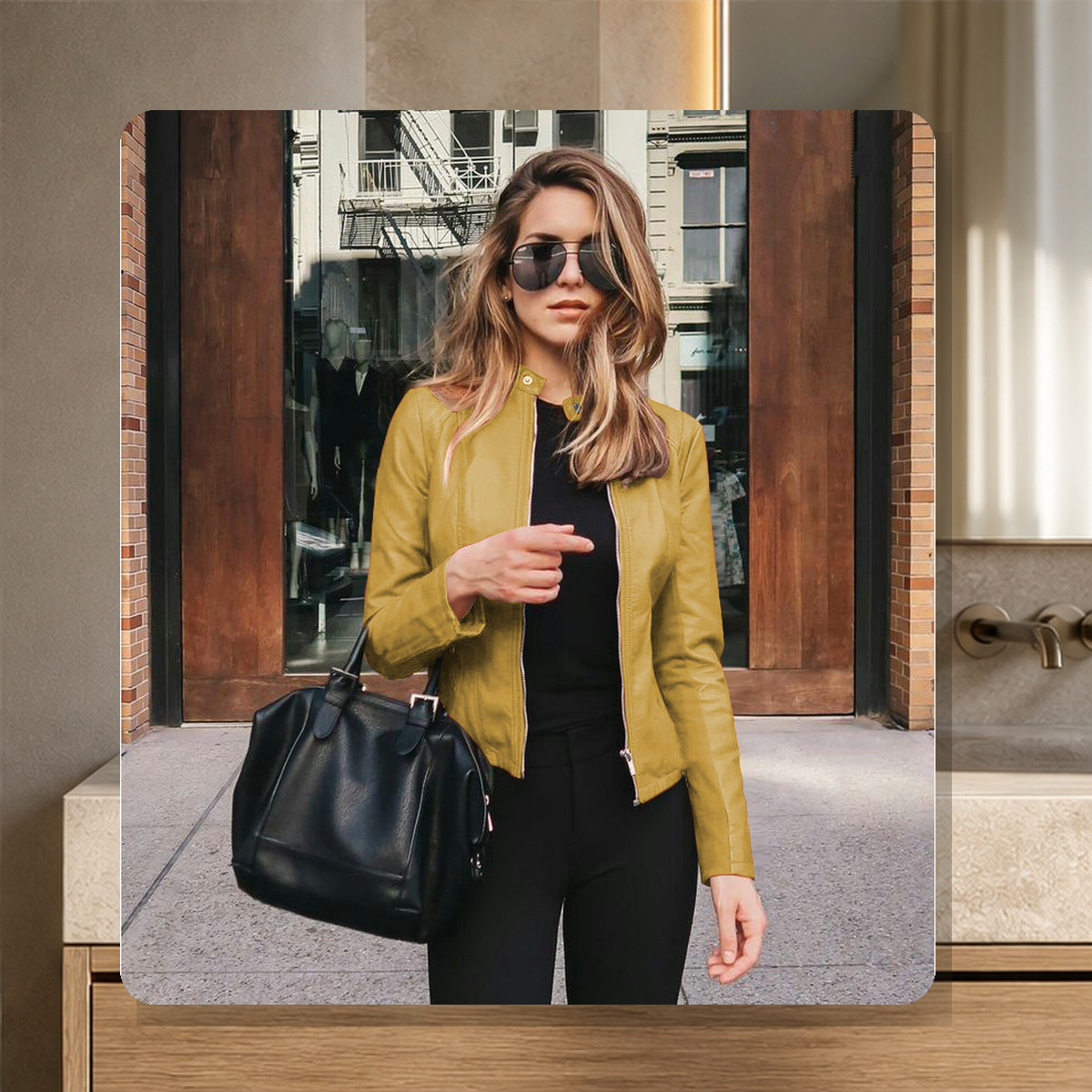 Blazer structuré effet cuir — Jaune — vue 7