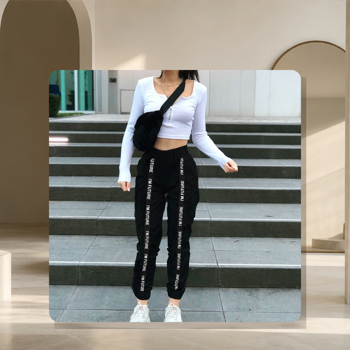 Pantalon décontracté à bandes latérales — Noir — vue 2