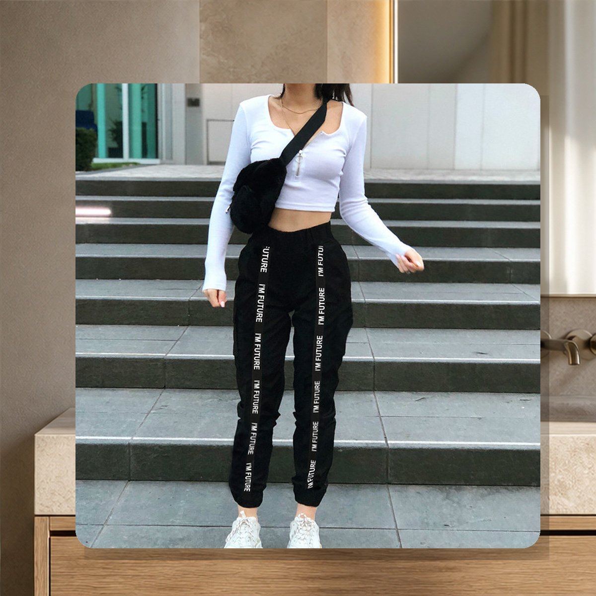 Pantalon décontracté à bandes latérales — Noir — vue 3
