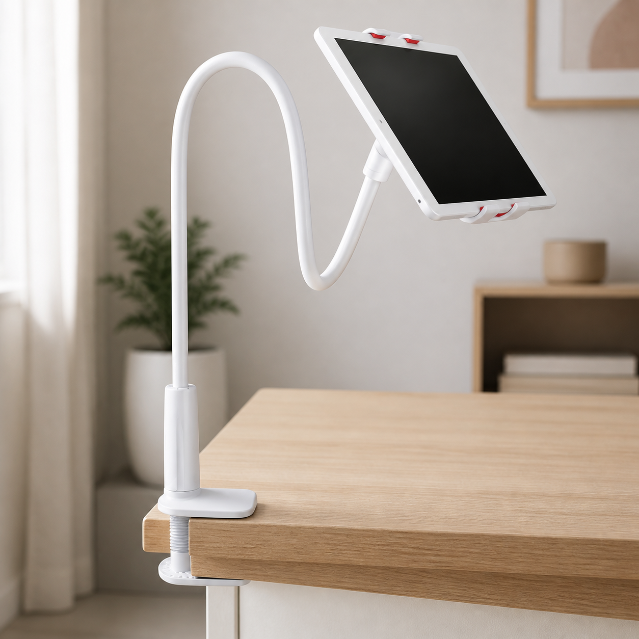 Support flexible blanc à pince — White flexible clamp stand