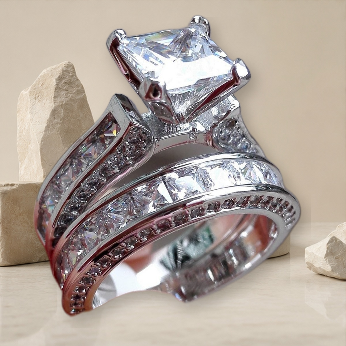 Duo de bagues assorties en zircon — Argenté — vue 4