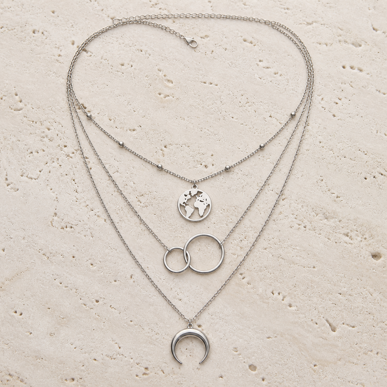 Parure collier multirang et bague lune — Argenté — vue 1
