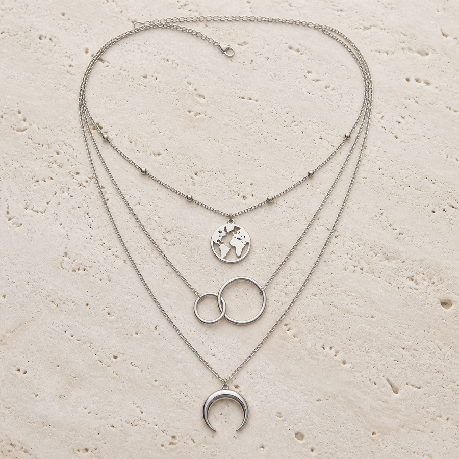 Parure collier multirang et bague lune — Argenté — vue 1