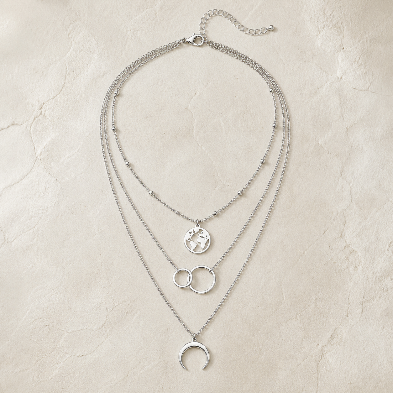 Parure collier multirang et bague lune — Argenté — vue 3