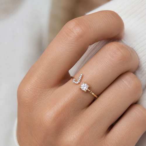 Bague réglable à initiale en zircon — Doré — vue 1