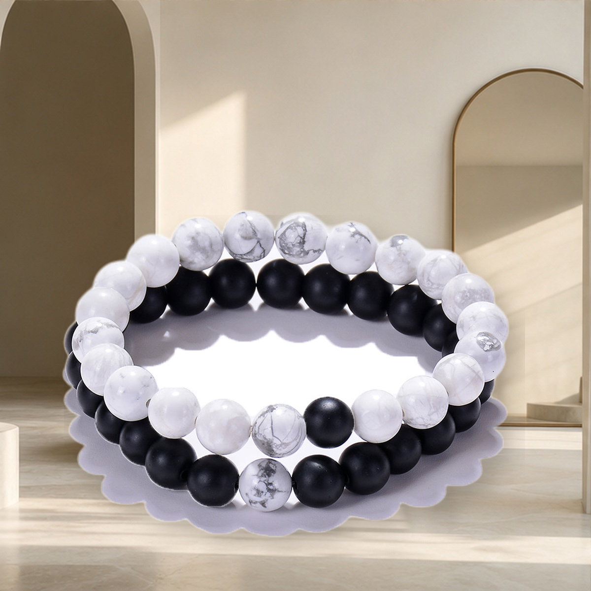 Bracelet perlé noir et malachite — Noir Blanc A-Elasticity — vue 7